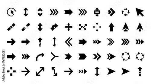 A diverse collection of black arrow and cursor icons pointing in various directions on a white background.