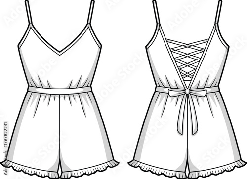 women lace back romper flat sketch, sleeveless short jumpsuit design, front and back cad drawing flat vector illustration