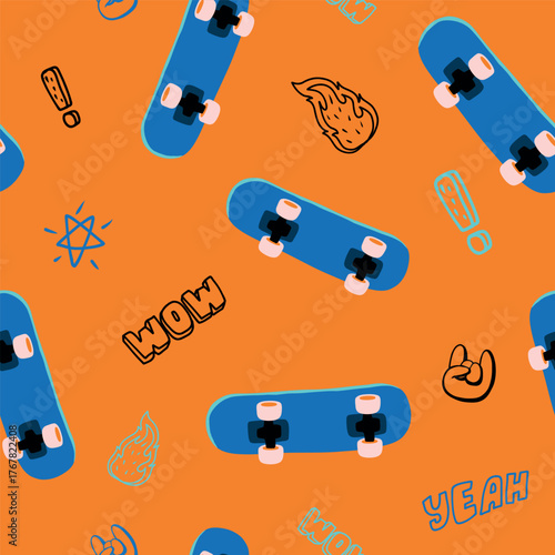 Playful seamless pattern with blue skateboards, doodles, fire icons, star, exclamation marks and words WOW and YEAH on bright orange background. Trendy print for kids streetwear, textile and decor.