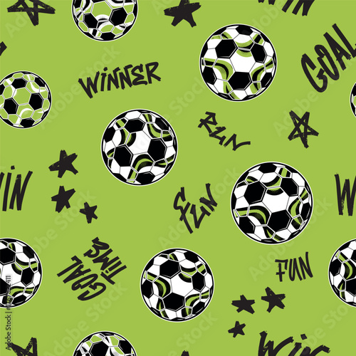 Seamless football pattern with soccer balls, graffiti words GOAL, WINNER, FUN, playful stars on green background. Sporty design for kids wear, boys apparel, textile, wrapping paper.