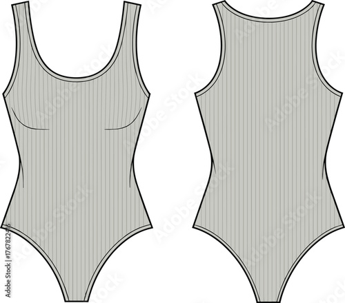 women sleeveless bodysuit flat sketch, ribbed one piece apparel design, front and back cad drawing flat vector illustration