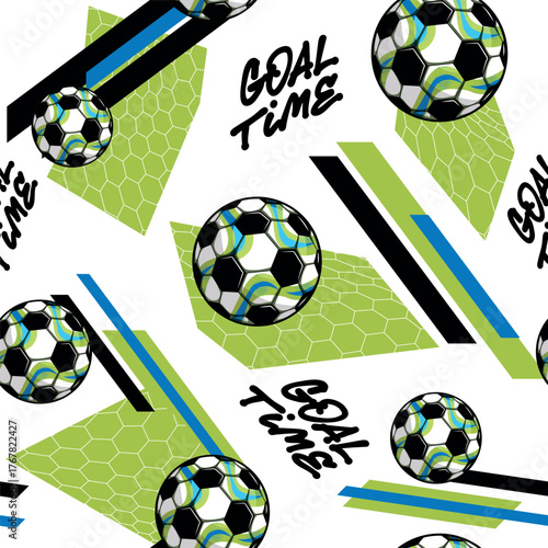 Seamless football pattern with soccer balls, GOAL TIME text, geometric shapes and sport stripes in green blue black palette. Dynamic sporty design for boys apparel, activewear, textiles, accessories