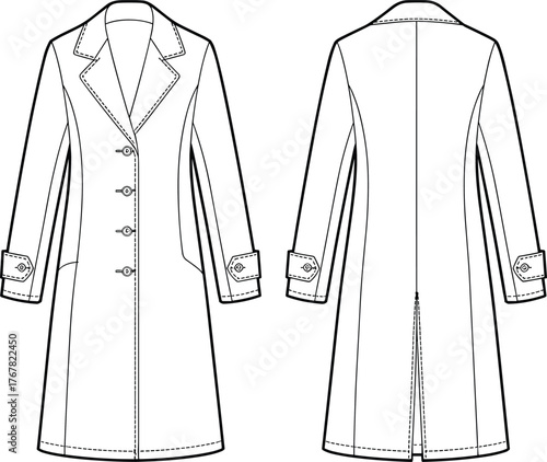 Long trench coat flat sketch, buttoned overcoat design, front and back fashion drawing