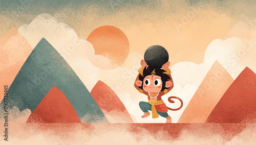 Powerful Little Hanuman Lifting a Boulder in a Mountainous Landscape an Illustration of Strength and Determination with Warm Earthy Tones and Textured Style