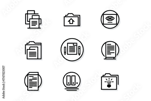 Set of black and white thin line icons for web design and mobile apps featuring document management folders and office administration concept visuals on a bright background