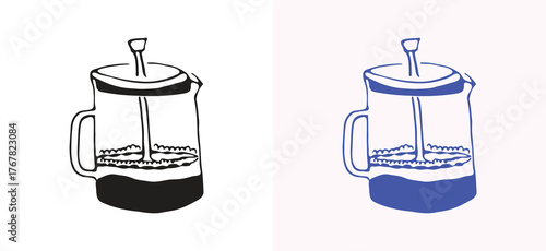 A stylish hand drawn French press in black and blue, ideal for coffee culture and modern kitchen-themed designs.