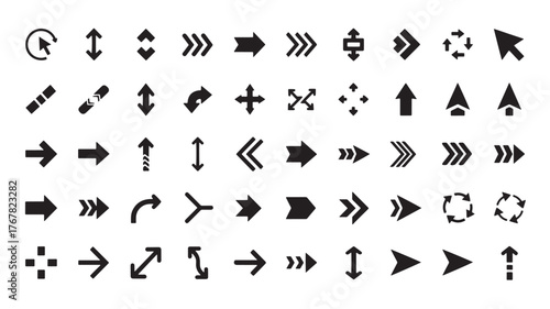A comprehensive collection of black arrow icons and cursor symbols in various styles and directions on a white background.