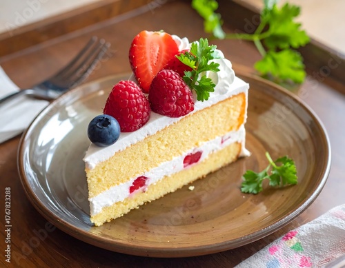 A Delicious Slice of Cake with Berries on a Plate Ready to Eat