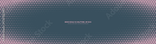 Boho scale halftone pattern oval faded frame ultra wide 32:9 aspect ratio pale pink blue vector abstract background. Bohemian retro style half tone graphic panoramic ultrawide format fancy layout
