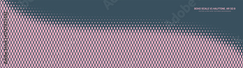 Boho scale halftone pattern smooth curved border ultra wide 32:9 aspect ratio pale pink blue vector abstract background. Bohemian retro styled half tone graphic panoramic ultrawide fancy backdrop