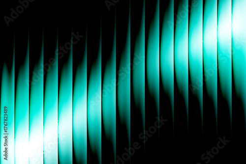 3d rendering a vibrant display of teal light cascading down a dark backdrop, creating a captivating visual rhythm and a sense of depth with its gradient and sharp contrasts ribbed glass illuminated