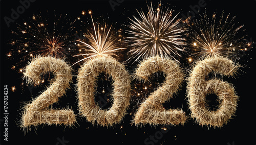 Sparkling New Year 2026 Celebration with Golden Fireworks and Textured Number Display on Black Background Festive Occasion and Future Vision Holiday Cheer