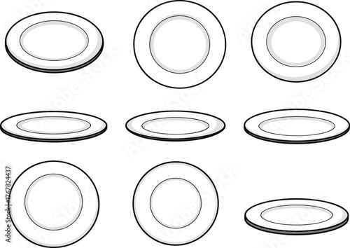 White ceramic plates collection, kitchen dishware illustration, clean empty tableware vector design, dining utensil isolated set