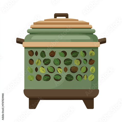 Stylish green compost bin with leaf design and brown accents promoting sustainable waste management and eco friendly practices for home gardens and environmental conservation