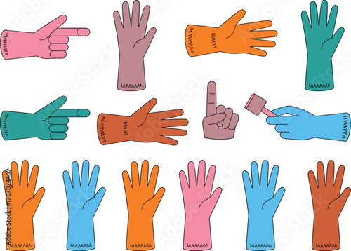 Colorful rubber gloves collection, hand gesture illustration, cleaning protection vector design, household hygiene safety equipment set