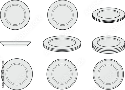 Stacked white ceramic plates, minimalist kitchen dishware illustration, clean tableware vector design, dining utensil isolated collection