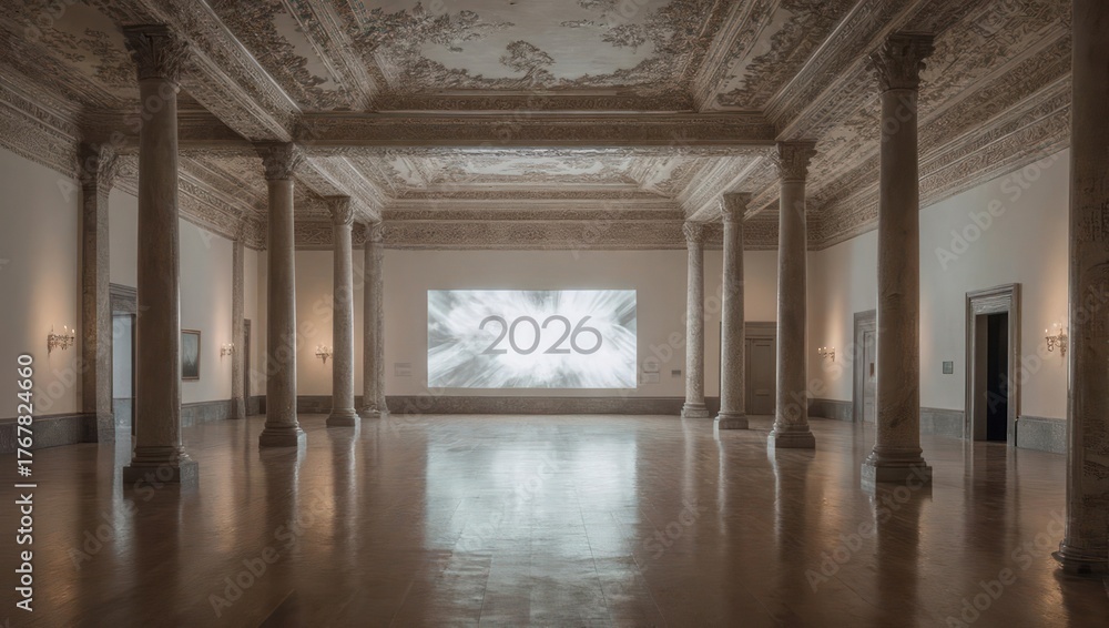 Fototapeta premium Elegant Ballroom with Columns and Projected Year 2026.