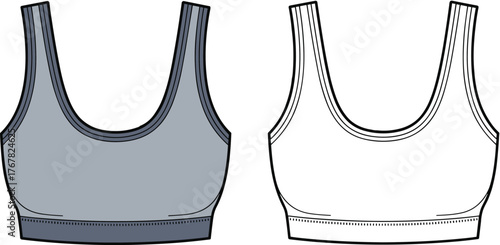 Sports bra front and back view, scoop neckline, fashion flat sketch, CAD drawing, vector illustration