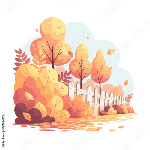 Autumnal scene featuring trees, bushes, and a white picket fence, with falling leaves.