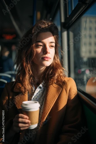 Beautiful young woman sitting in a bus with a paper cup of coffee and looks out the window
