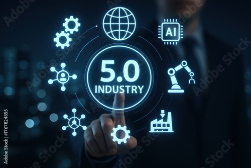 Modern Industry 5.0 Concept with Icons of Technology, Automation, and Artificial Intelligence Innovation
