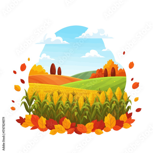 Autumn landscape with cornfield, hills, trees, and falling leaves.