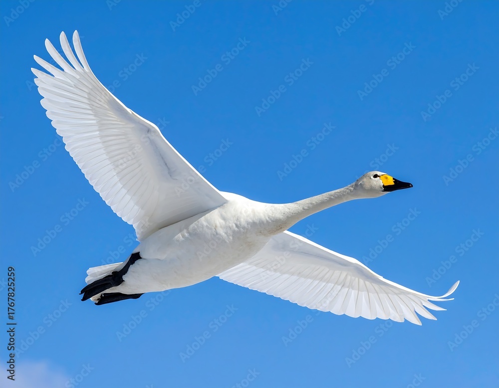 Fototapeta premium A magnificent swan gracefully soaring through the bright blue sky with wings spread wide