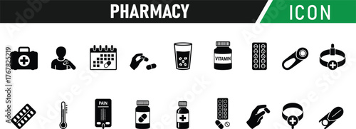 Pharmacy icon set. Including Medicine Bottle, Pill, Capsule, Syringe, Cross, Prescription, Pharmacy Building, Dropper, Thermometer, First Aid Kit. Vector silhouette illustration