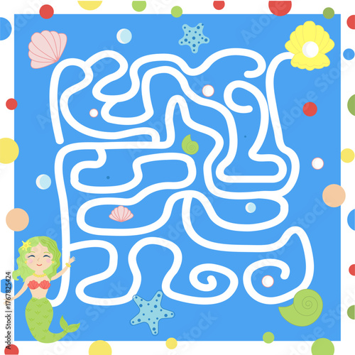 Maze game: Help the little mermaid find a shell with a pearl. Sea, mermaid, maze, children's game, task, puzzle