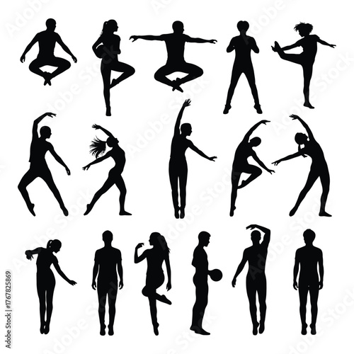 Diverse silhouettes of people engaged in various dynamic poses and yoga stretches vector