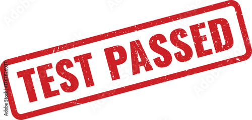 Distressed red rubber stamp effect showing Test Passed text for successful completion and achievement