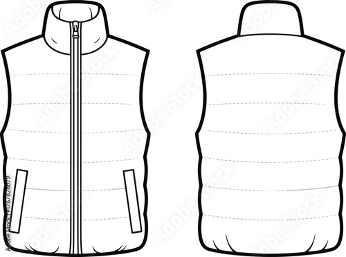 Puffer vest flat sketch, sleeveless jacket design, front and back technical drawing