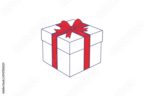 Simple minimalist one color vector illustration of a wrapped gift box with a decorative ribbon and a neat bow