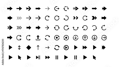 A comprehensive collection of various arrow and navigation icons, including directional arrows, refresh symbols, play buttons, and cursors.