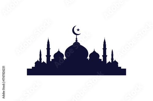 Elegant minimalist single color vector graphic featuring an islamic crescent moon and star adorned with a stylized mosque outline for cultural celebrations