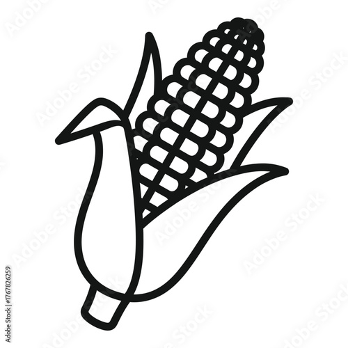 Hand drawn corn cob with leaves simple outline food ingredient agricultural produce graphic vector