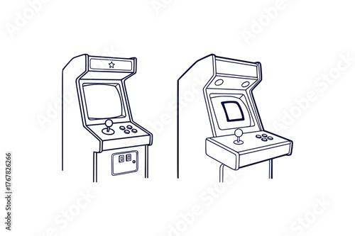Retro arcade game cabinet with a classic joystick rendered as a simple one color vector graphic on a clean white background