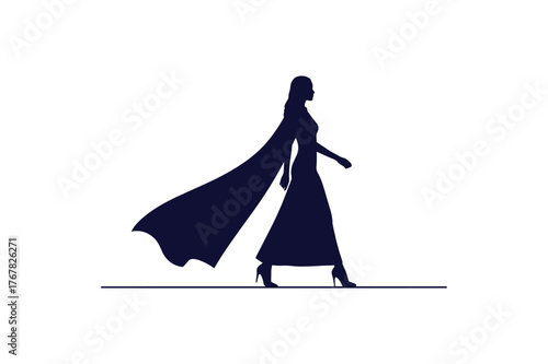 Minimalist silhouette of a confident woman elegantly walking down a fashion runway showcasing a modern design