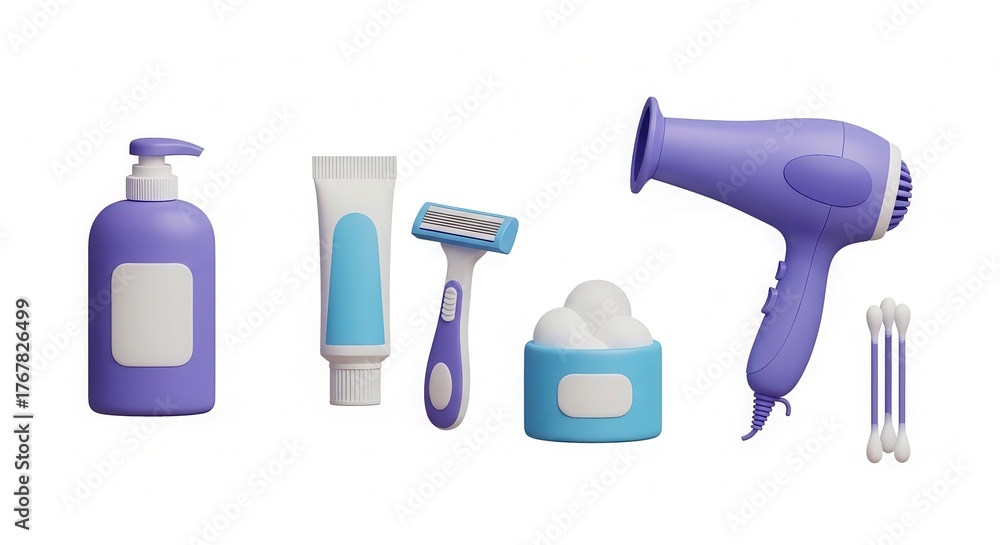 Fototapeta premium Colorful flat illustration of personal care items including a hairdryer, lotion, shaving razor, cream, and cotton swabs, arranged neatly for beauty and grooming concept
