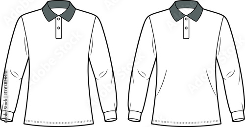 Long sleeve polo shirt front and back view, contrast collar, blank template, apparel fashion design, clothing mockup, vector illustration