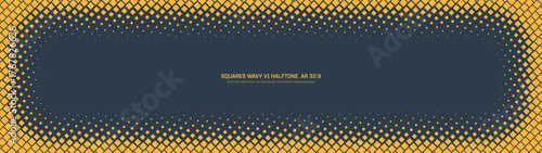 Square wavy grid halftone pattern rounded vignette frame ultra wide 32:9 aspect ratio vector yellow black abstract background. Half tone texture panoramic ultrawide format retro futuristic abstraction