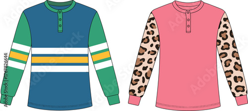 Colorful long sleeve henley shirts, striped and leopard pattern design, trendy casual apparel vector