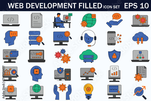 Web development filled icon set featuring coding, data, cloud, analytics, and security symbols. Modern flat style for UI, UX, apps, and websites. EPS 10 vector graphics.