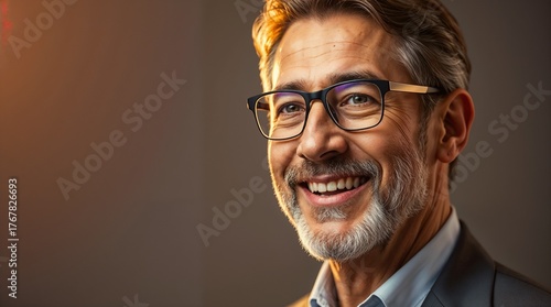 portrait of a mature businessman wearing glasses on grey background happy senior man looking at camera isolated over grey wall with copy space