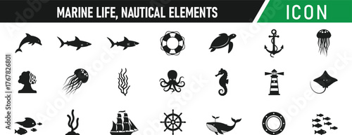 Marine-Life Nautical Elements icon set. Including Anchor, Ship Wheel, Lighthouse, Sailboat, Fish, Whale, Shell, Octopus, Seaweed, Lifebuoy. Vector silhouette illustration