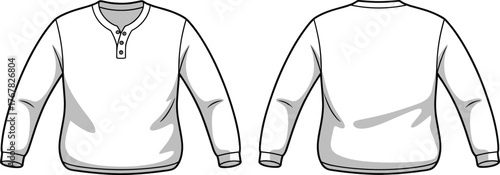 Men’s henley sweatshirt front and back view, casual apparel design, fashion flat template