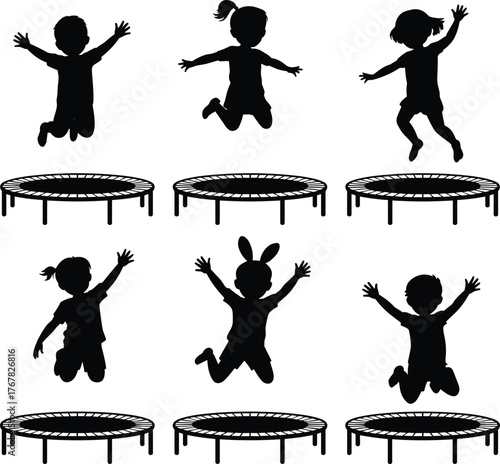 Happy children jumping on trampoline, fun kids silhouette vector, outdoor playtime activity illustration, energetic childhood design art