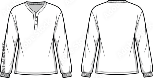 Fototapeta Long sleeve henley shirt front and back view, apparel design, fashion flat templ