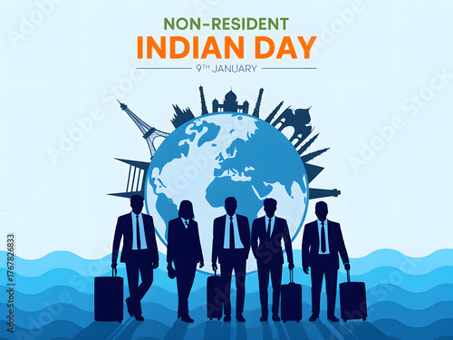 non-resident indian day graphic with silhouettes of business people and globe featuring global landmarks
