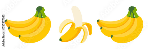 Banana bunch icons, curved yellow fruit, peeled half view, tropical snack symbols, breakfast smoothie ingredient, vector illustration